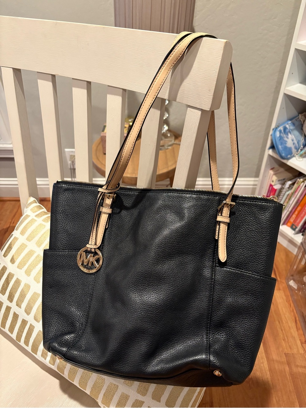 Michael Kors Black Leather Tote with Tan Straps and Gold MK Charm